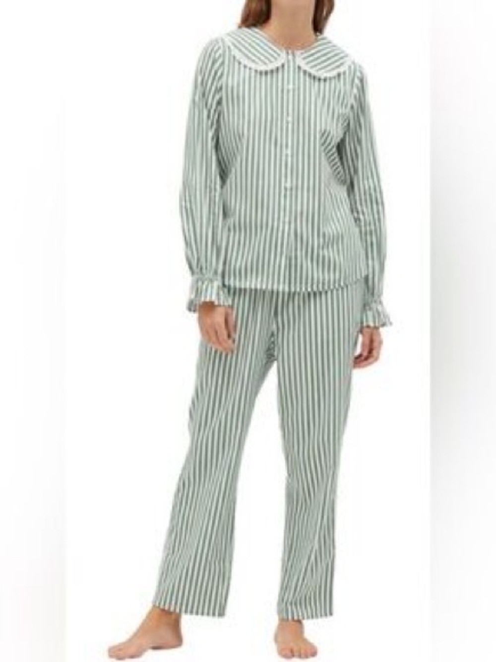 Hill House Green and White Striped Straight Leg Pajama Pants